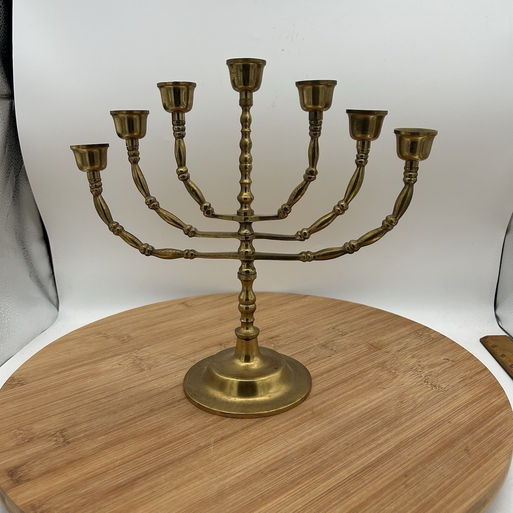ANTIQUE SEVEN ARM MENORAH BRASS JUDAICA 11" CANDLE HOLDER CHURCH‎ FIGURINE Heavy